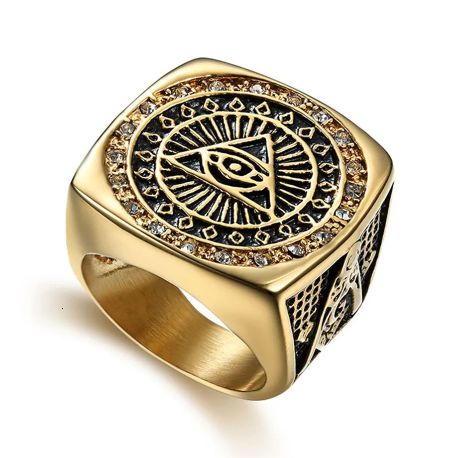 Punk Coin Pyramid All-Seeing Eye of Providence Rings Gold Color Stainless Steel Big Square Rings for Men Illuminati Jewelry Gift 251110