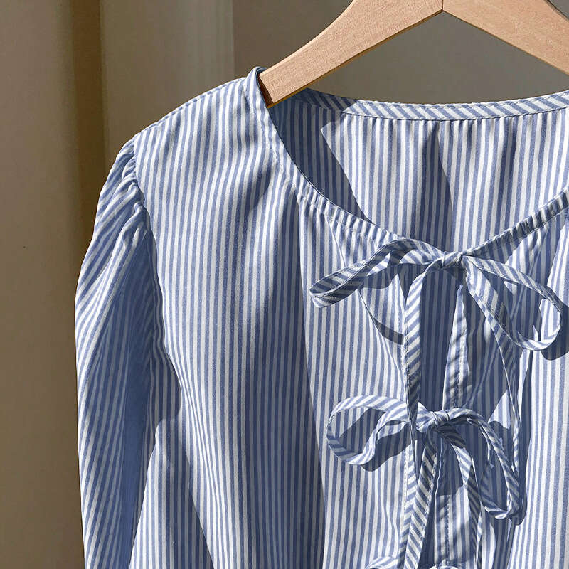 Cross-Border Amazon Foreign Trade European and American Long Sleeve Tie Versatile Striped Shirt 2025 Autumn New Women's Top