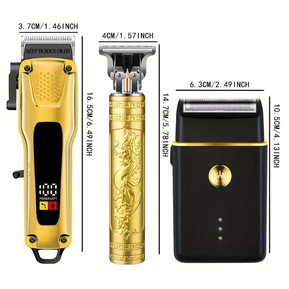 Golden 3Pcs Men's Kit: Electric Shaver, Hair Trimmer With LCD Display, 8 Combs, USB Cables, Perfect Dad, Boyfriend, Father's Day, Birthdays,