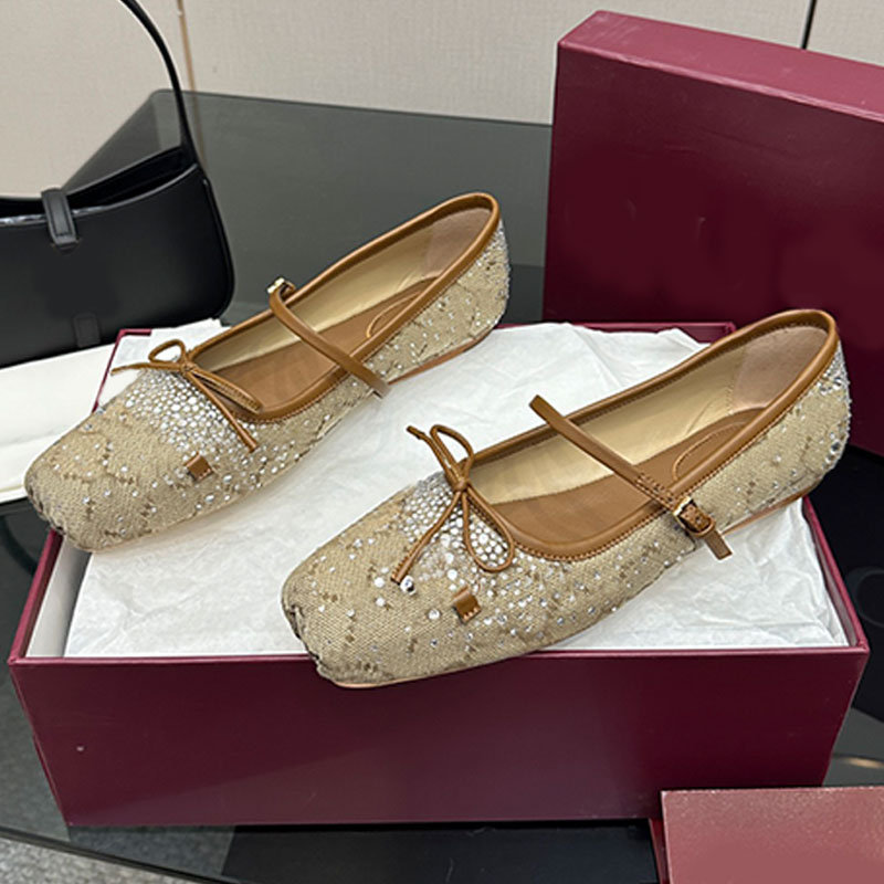 25ss new womens crystal ballet flats designer shoes mary jane shoes luxury shoes beige dark brown bow ballerina flats canvas squared tucked toe cap strap with buckle