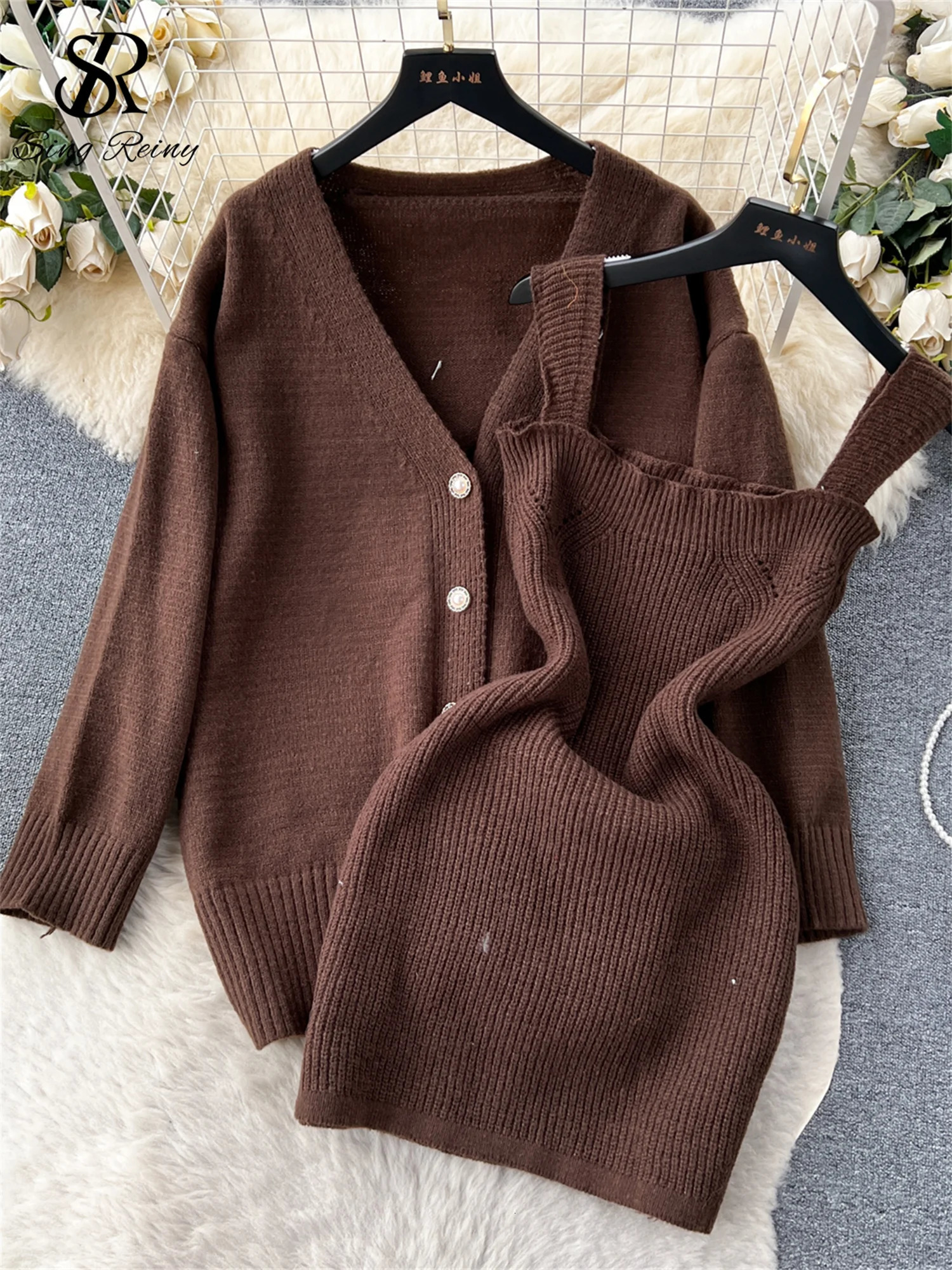 SINGREINY Fashion Korean Style Knitted Suits Casual Loose Cardigan Slim Mini Sweater Dress Autumn Women Warm Two Piece Sets 251110