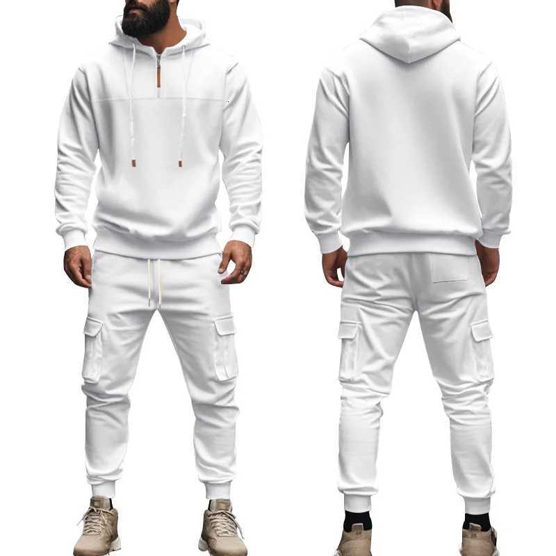 Mens fleece lined hooded tracksuit set long sleeve sweatshirt joggers cross-border sportswear for autumn winter casual wear W251110