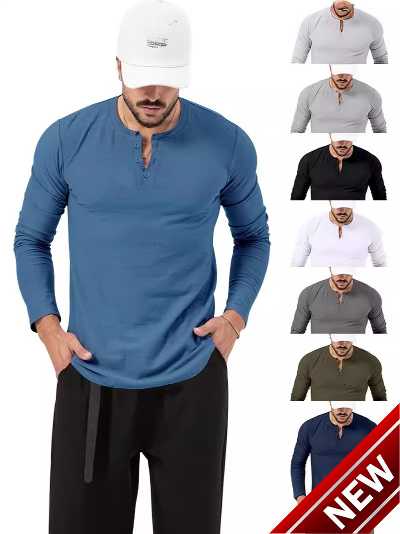 2024 Spring and Autumn Clothing Mens T-shirt Henley Shirt Long Sleeve Mens Bottom Shirt Mens