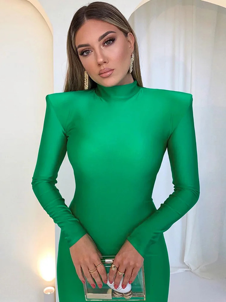 Shoulder Padded Long Sleeve Bodycon Green Party Club Maxi Dress Spring Autumn Women Fashion Elegant Clothes 251110