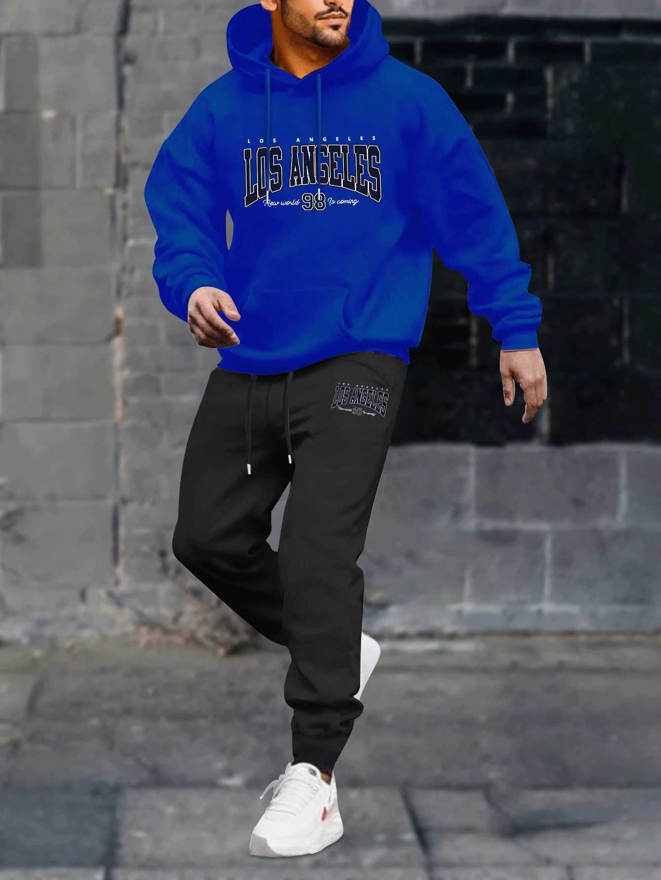 Mens 2-piece set casual round-neck long-sleeved hooded sweatshirt and sports pants jogging pants outfit for winter and autumn W251110