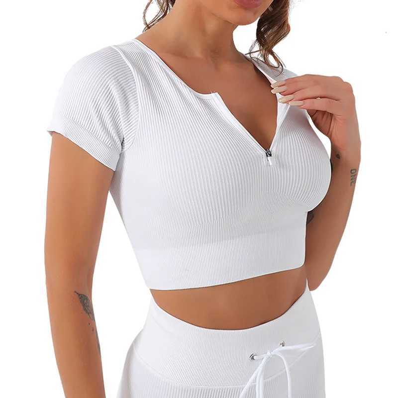Zipper seamless ribbed yoga shirt womens fitness short sleeved crop top gym sportswear workout clothes running sports T-shirtXJ250410