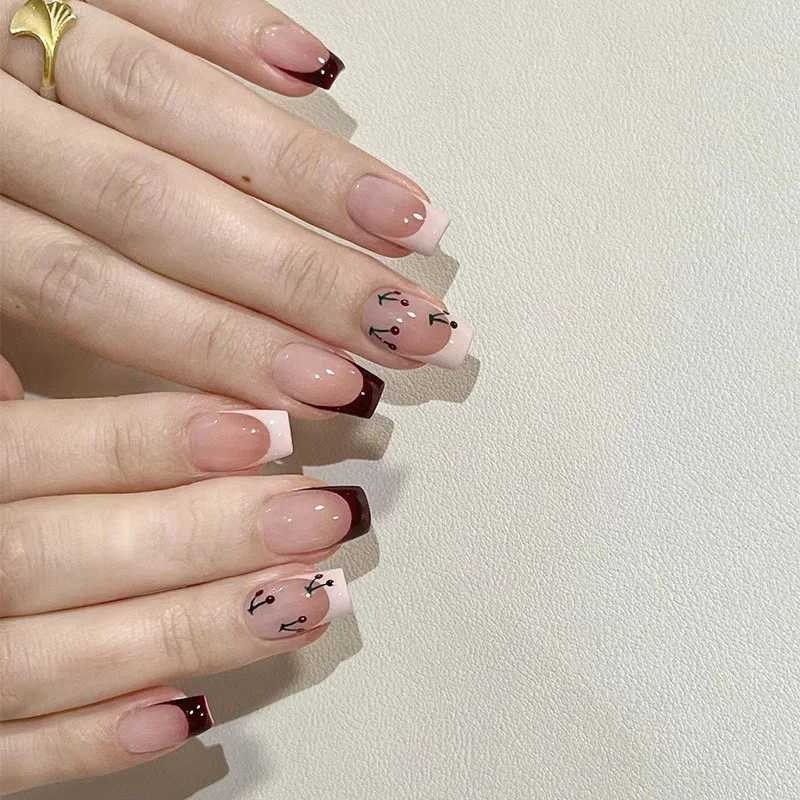 24 pieces of simple French square head pressed on fake nails peach blossom heart fake nails wearable finished products complete set of nail tips W2504