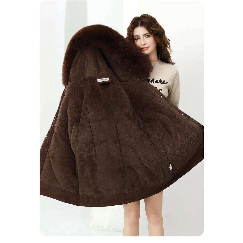 Cotton Padded Hooded Detachable Fur Collar Coat Women's Winter Thickened Fleece Lined Snow Parka Loose Warmer Long Jacket Female