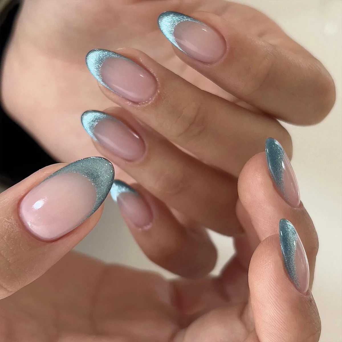 24 pieces/set of almond pressed on French nail tips green cat eye fake nails simple and elegant suitable for women and girls daily nail art W250410