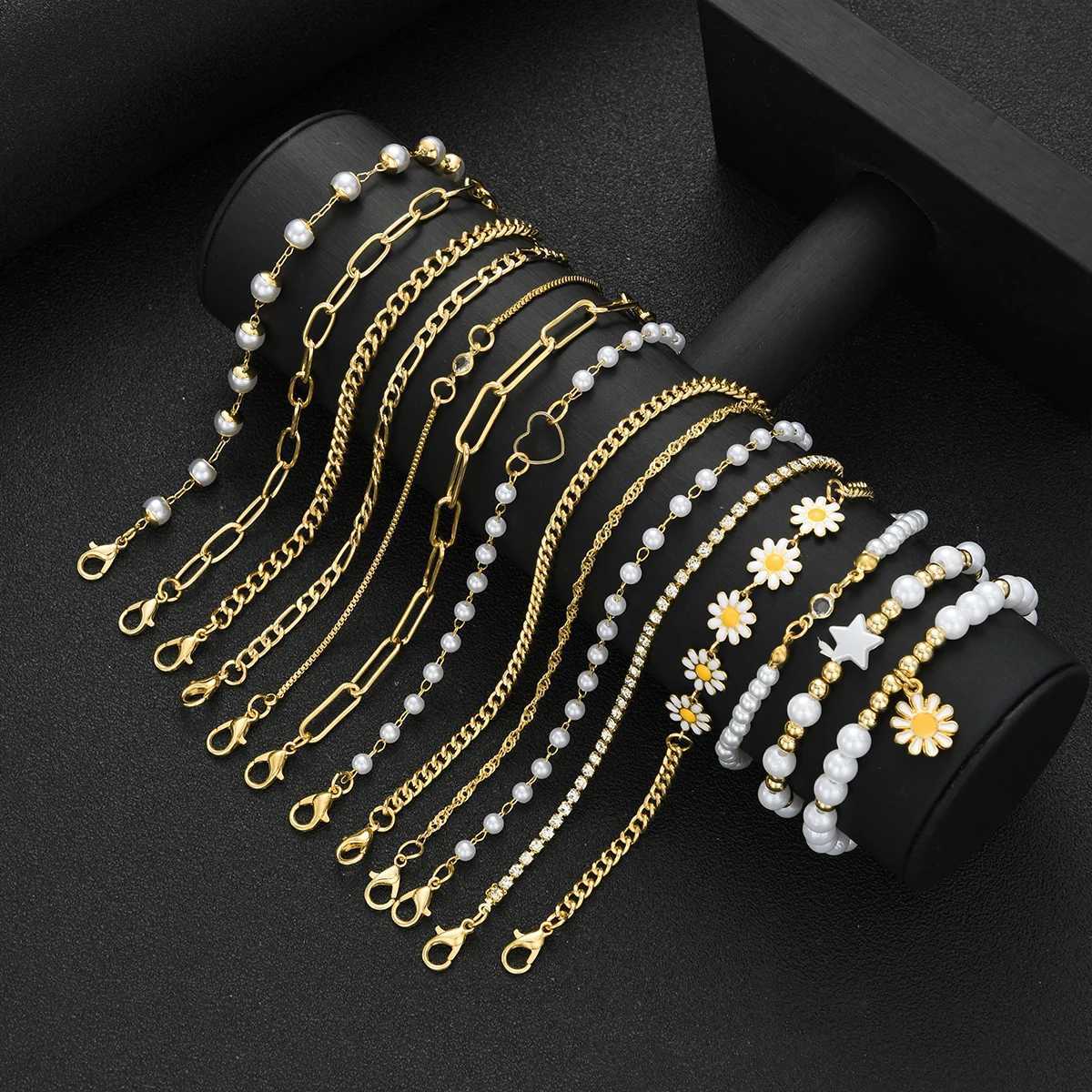 15pcs Bohemian Daisy Flower Star Bead Faux Pearl Layered Bracelets Set For Women Gold Color Summer Beach Daily Wear Jewelry GiftT251110