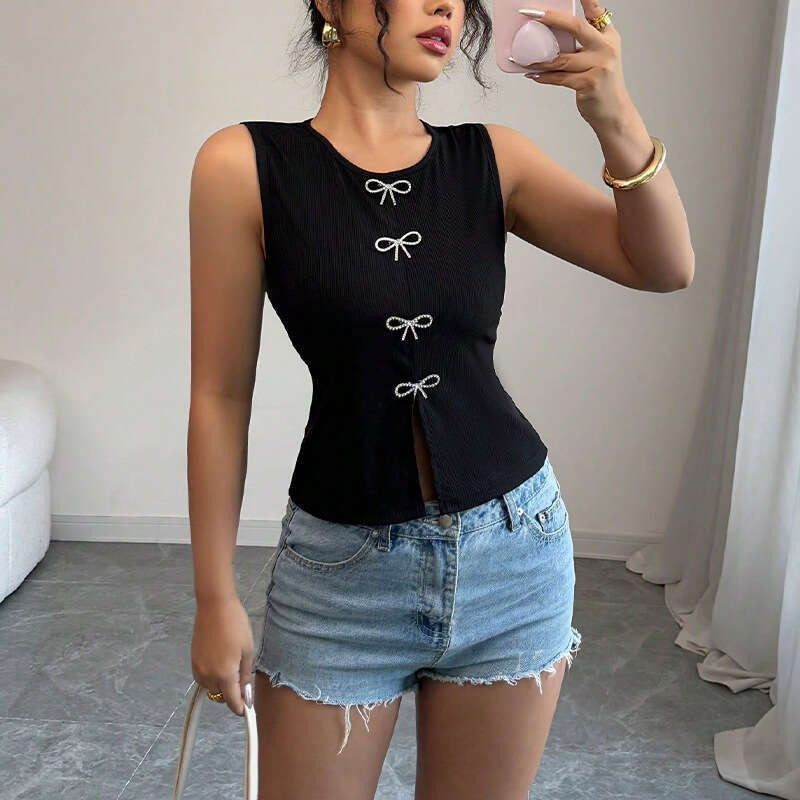 Cross-Border Amazon Foreign Trade Women's Fashion 2025 Summer European and American Elegant Commuter Style Small Vest with Slits Sleeveless Top f