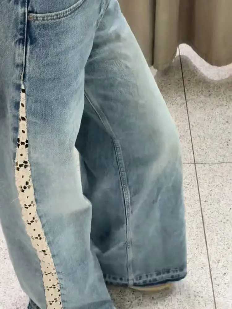 HH Women Fashion Side Lace Hollow Out Patchwork Jeans High Waist Wide Leg Denim Pants Autumn High Street Lady Trouser Jeans C251110