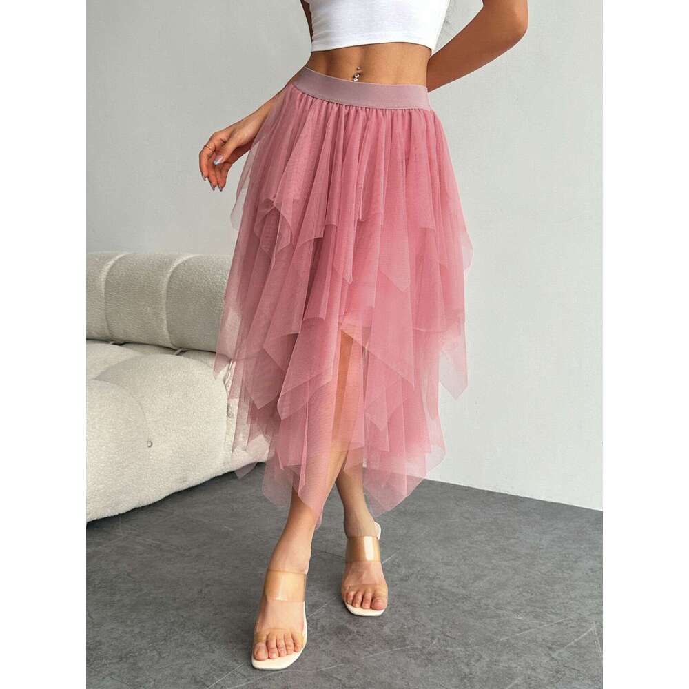 Irregular Mesh Midi for Women, Mid-Length, 2025 Spring New High Waist Versatile Slimming Skirt