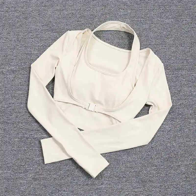 Wholesale customized blank 2-in-1 yoga crop womens long sleeved camisole bra top rib Agraffe fitness suitXJ250410
