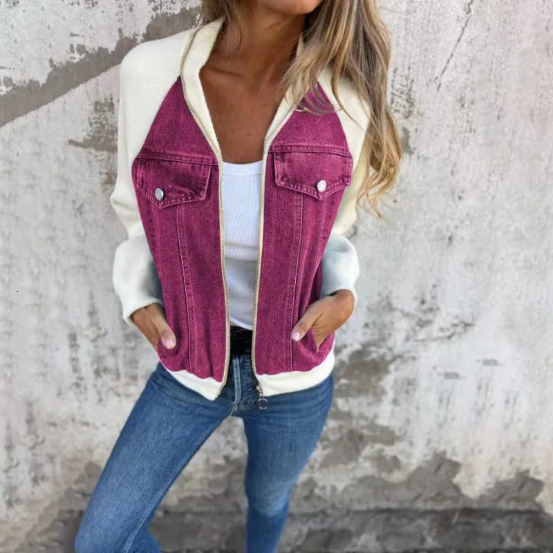 Autumn and winter denim patch work jacket for womens casual fashion shoulder friction long sleeved V-neck denim jacket for women 250409