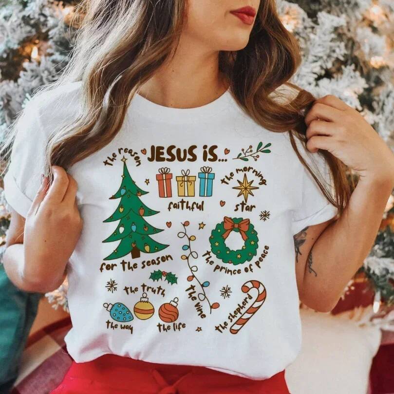 Ddmytues Christmas Jesus Is Reason For The Season Religious Women's Printed Short Sleeve Casual 90S Fashion Pattern Top T-Shi
