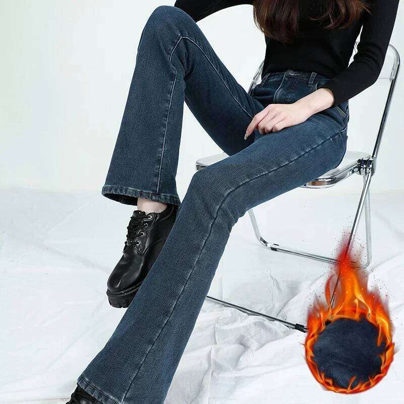 2025 Winter Fleece Women's Flare Retro Slim High Waist Elastic Cotton Thick Warm Denim Pants Fashion Korean Female Clothes