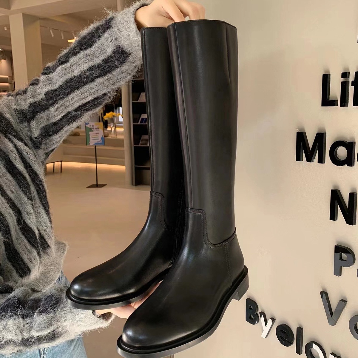 New round toe thick heel side zipper wool lining high tube women's autumn and winter cycling boots designer shoes snow boots fashion boots