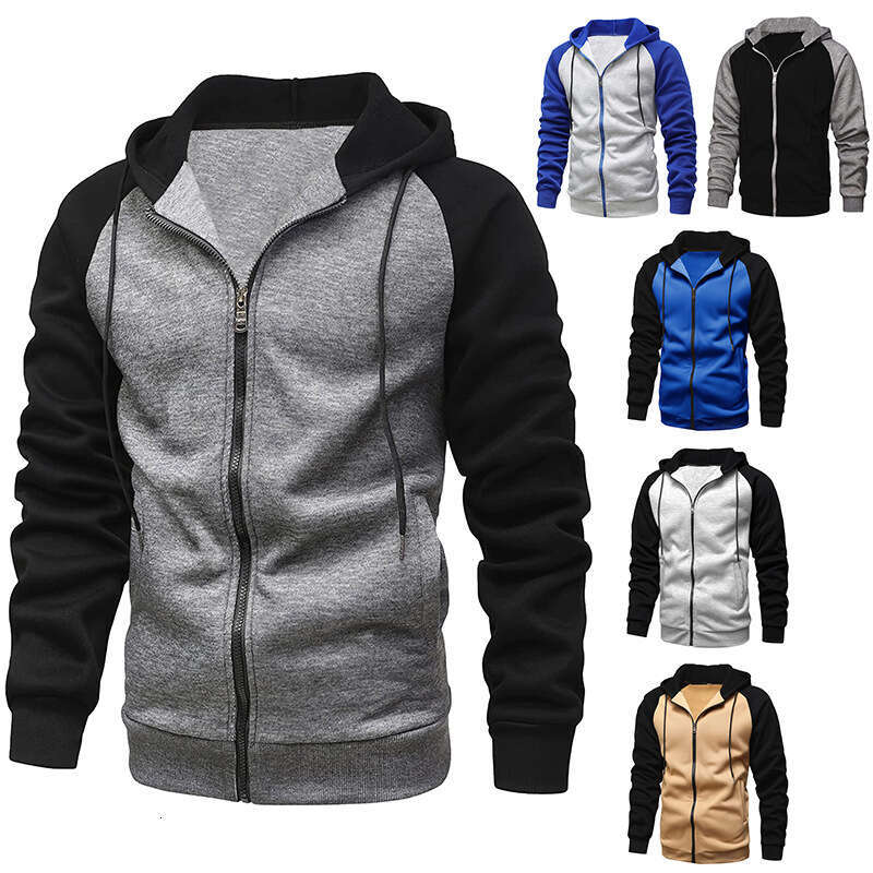 Foreign Trade Autumn Winter New Style Jacket Color Block Zipper Shirt Fleece Hoodie Sweatshirt Plus Size Casual Top Men's Clothing