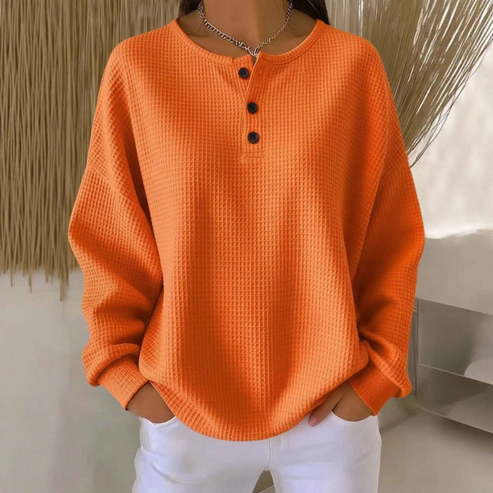 In Stock Cross-Border Amazon Foreign Trade Fashion Round Neck Waffle 2025 Autumn Winter New Solid Color Pullover Loose Top