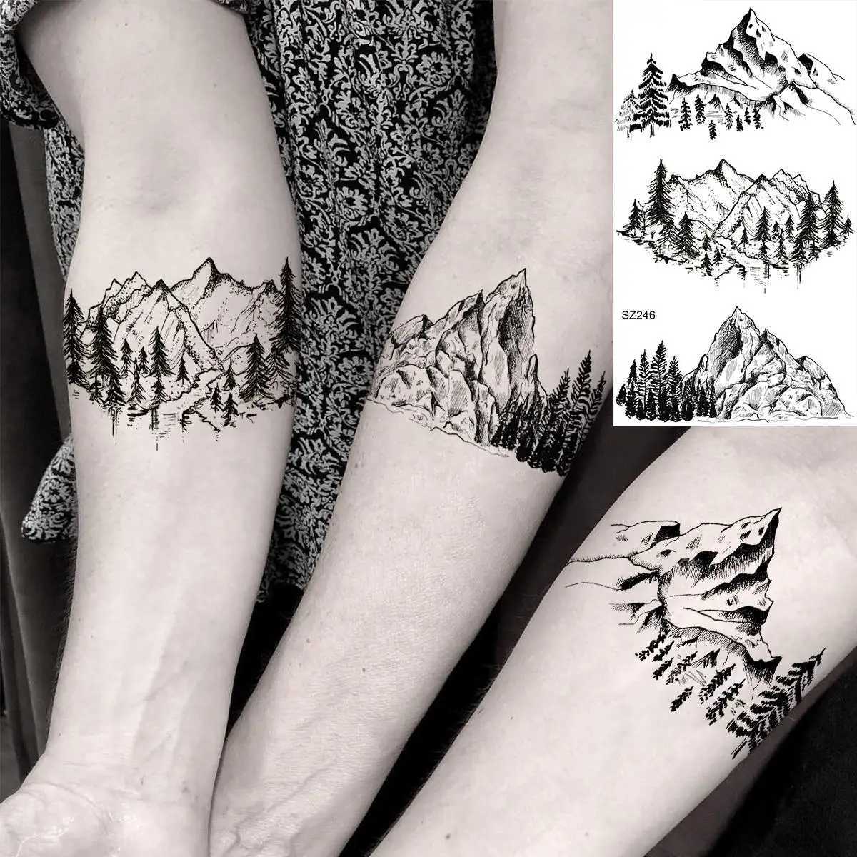 18 temporary tattoos on Mount Geometry suitable for men women adults fake wave tattoo stickers black 3D pine tree tattoos triangles W250410