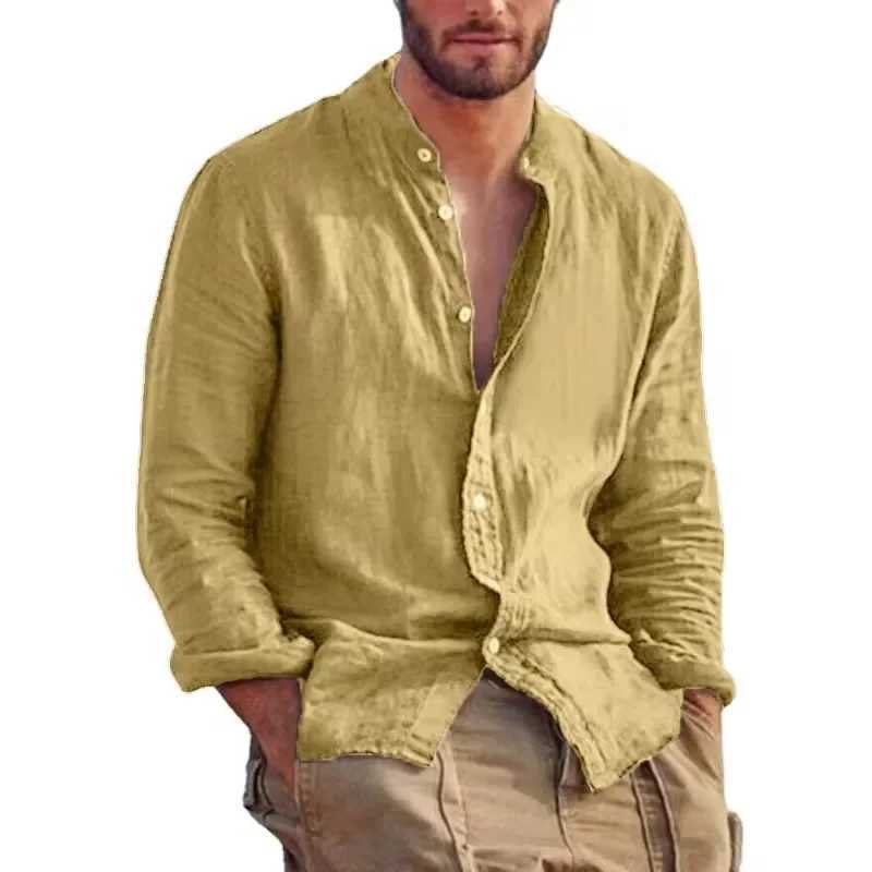 Mens solid color long sleeved linen cotton shirt trend plus size stand up collar casual lightweight beach shirt X250410