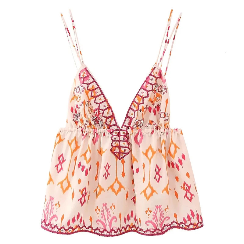 Summer womens sleeveless vest sequined embroidered top French casual vacation shoulder sexy backless vest pendant 250410