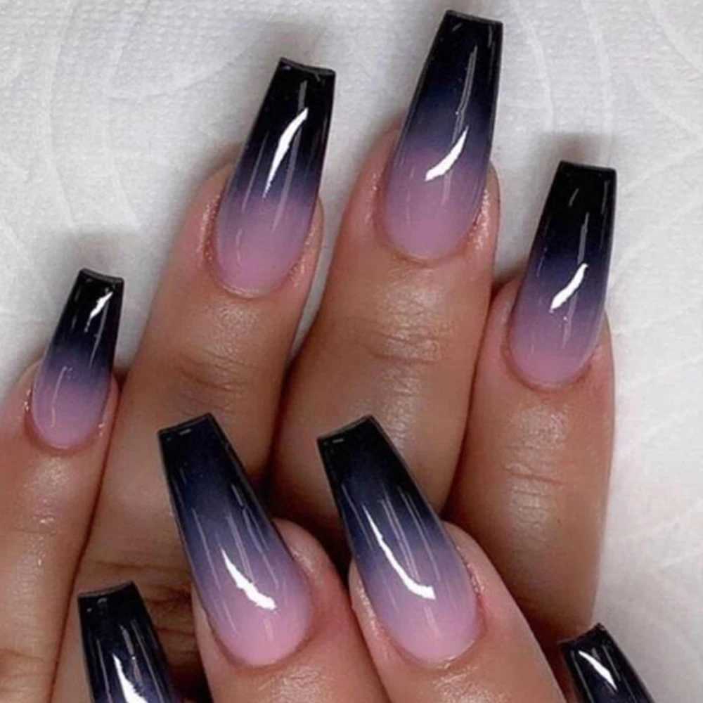 24 pieces of glossy medium length ballet dancer pressed nails pink and purple gradient fake nails artificial solid color fake nails W250410