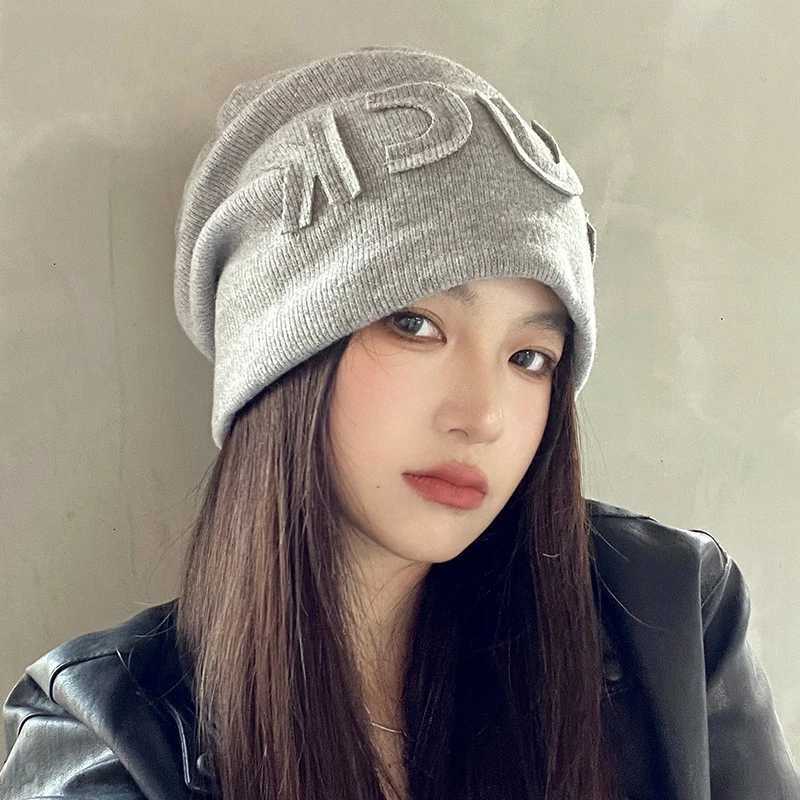 Hip Hop Letters Oversize Beanie for Women Autumn Winter Warm Knitted Baggy Caps Solid Color Pullover Ear Warmer Hats BonnetXJ251110