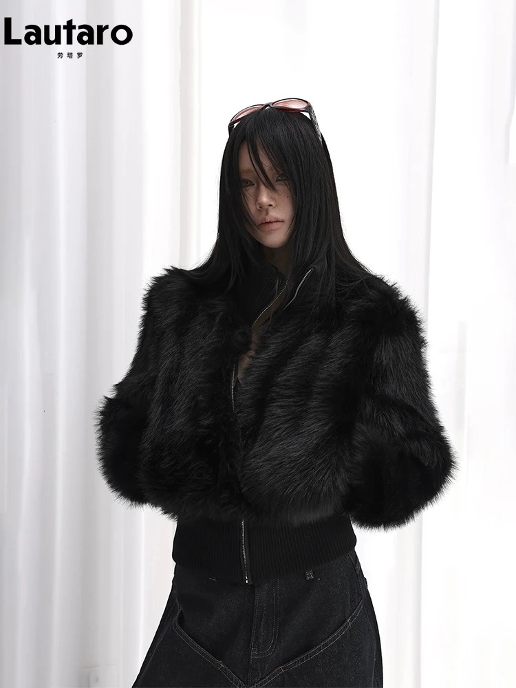 Lautaro Spring Winter Short Black Soft Thick Warm Hairy Faux Fur Coat Women Zip Up y ner Clothes Fluffy Jacket 251110