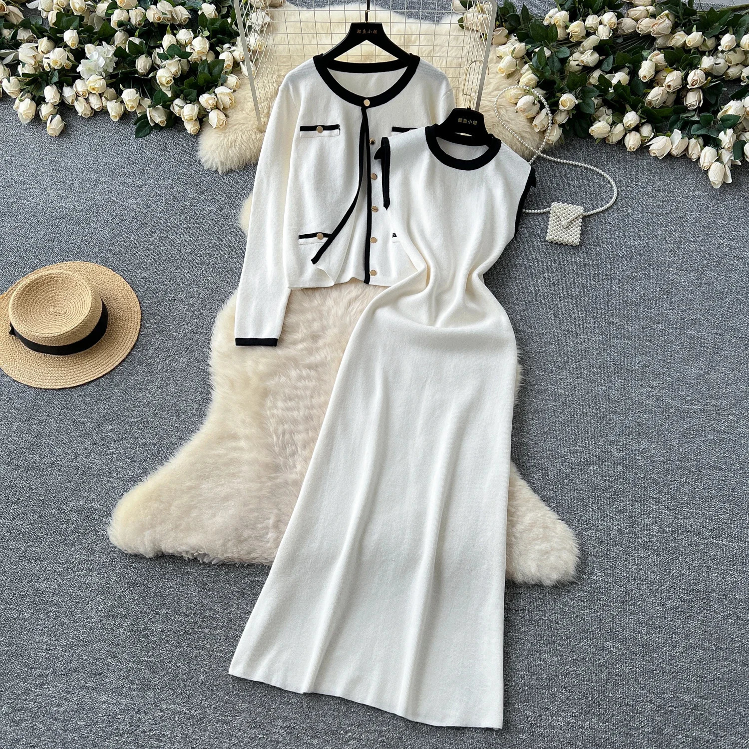 Small Fragrance Woman Sets Hit Color Oneck Long Sleeve Cardigan Sleeveless Tank Dress Spring Autumn Knitted Suit 251110