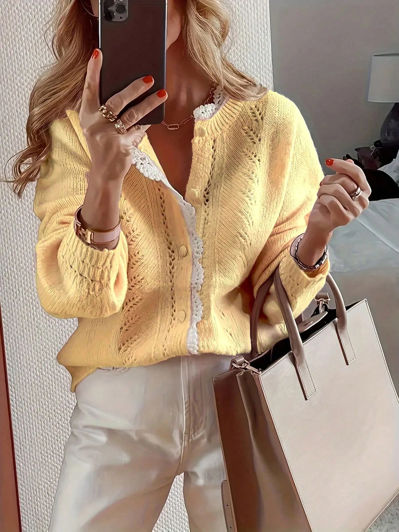 Autumn and winter fashion elegant long sleeved lace patchwork cardigan knitted sweater 251103