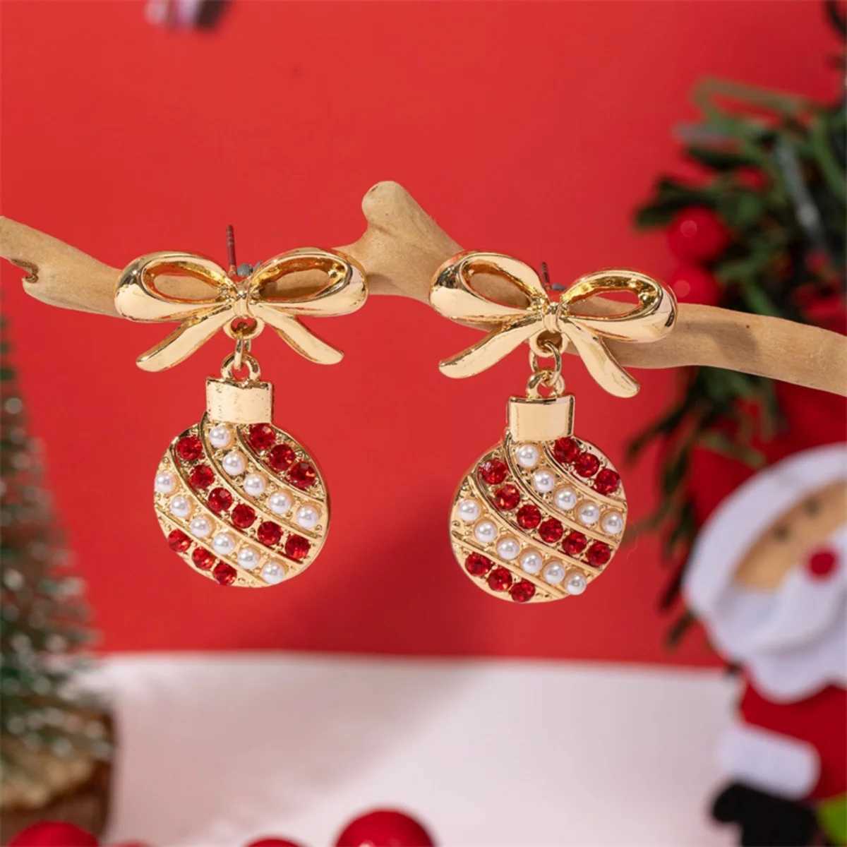 Christmas Holiday Drop Earrings Bowknot Imitation Pearl Red Rhinestone Light Bulb Pendant Earrings Jewelry Gift For Women Men J251110