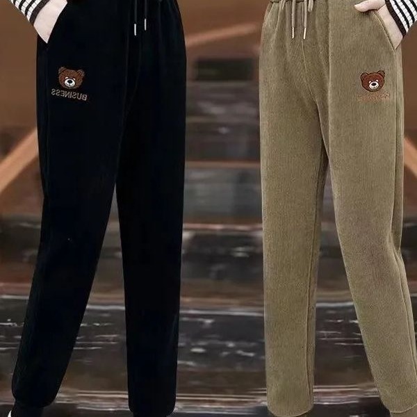 Fleece-Lined Thickened Sweatpants for Women 2025 Autumn Winter High-Waisted Joggers Slimming Bear Embroidery Corduroy Casual Sports Pants 201102 Z2603