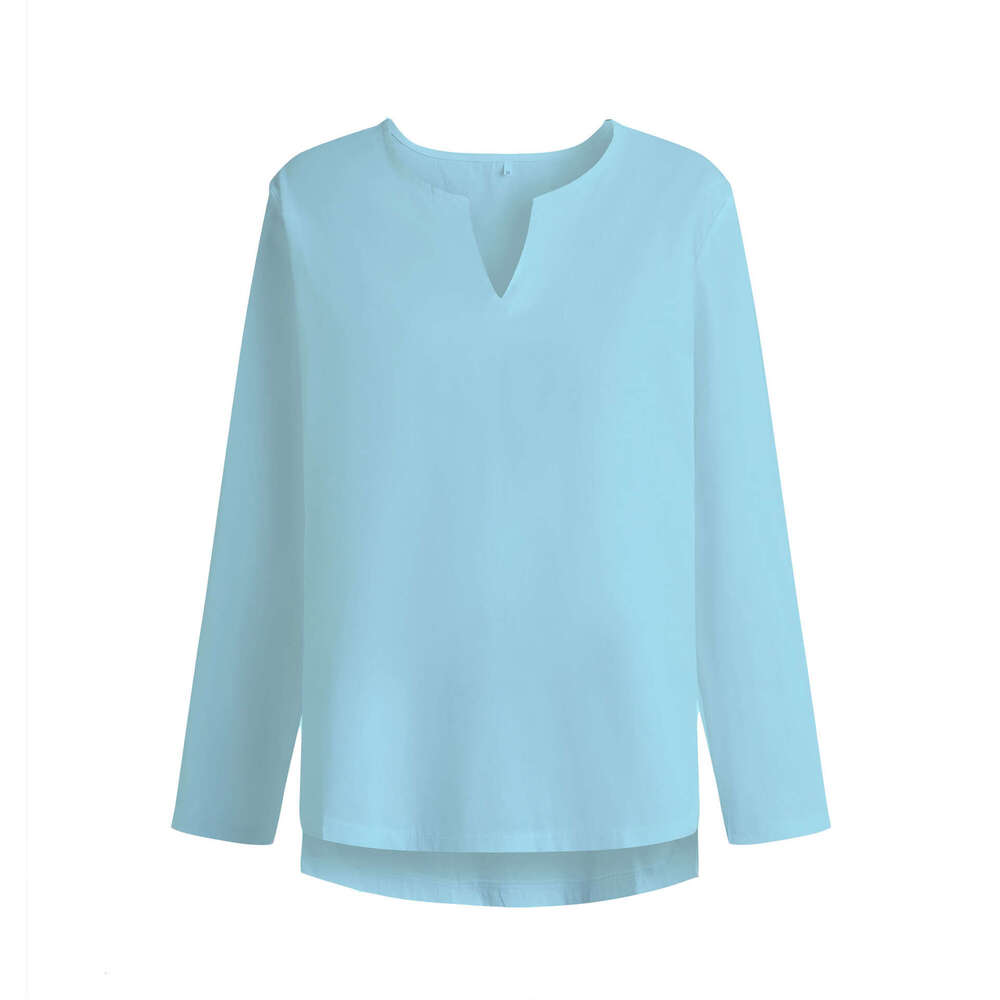 2025 Autumn Youth T-Shirt Cotton Linen Solid Color Loose Fit Chinese Style V-Neck Men's Long Sleeve Shirt