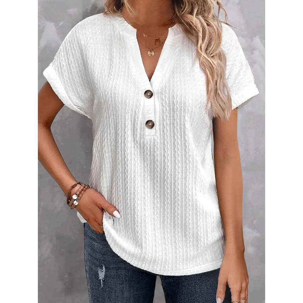 2024 Spring Summer European and American Cross-Border Amazon Independent Station New Women's Fashion Casual Solid Color Button V-Neck T-Shirt for