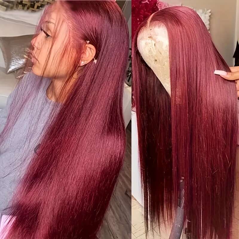 Bury 13X4 Wine Red Pre Plucked Baby Bone Front Brazilian Virgin Human Hair Colored #99J Straight Lace Frontal Wigs With Natural Hairline For