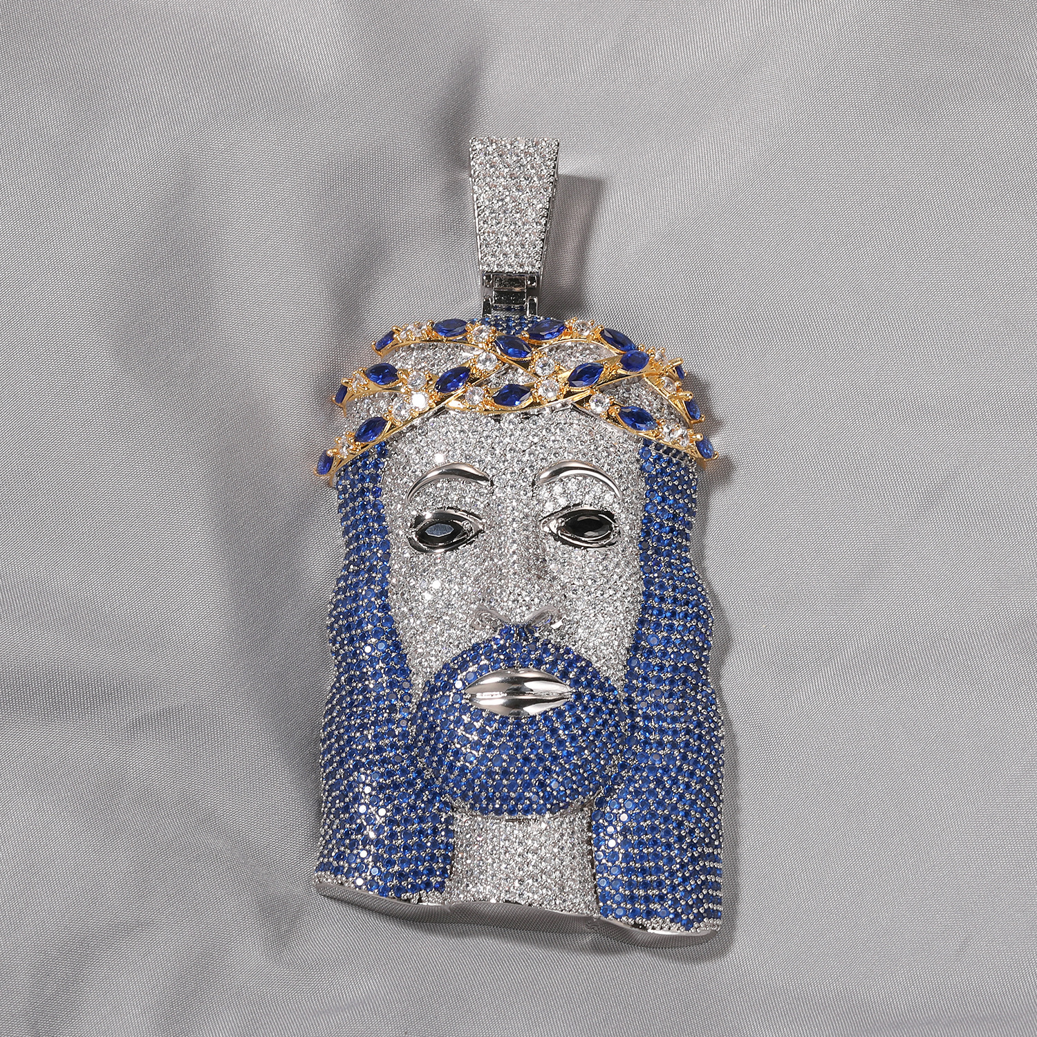 Hip Hop Jesus Face Pendant Necklace Blue 5A Zircons White Gold Plated Religion Jewelry
