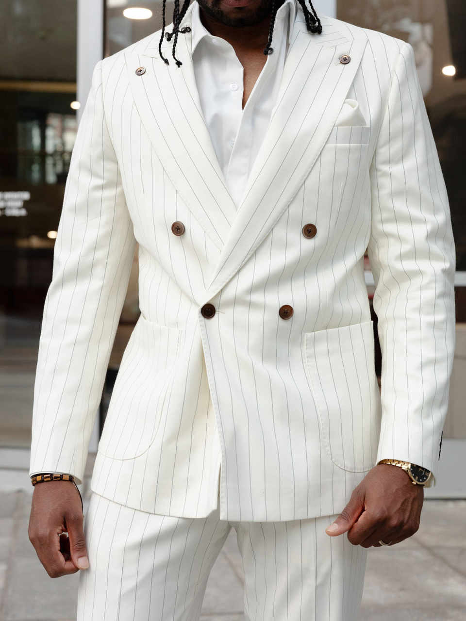 Formal Man Tuxedos Pinstripe 2 Piece Set Jacket Pants Men Suit Peaked Lapel Double Breasted Wedding Groom Coat Customized