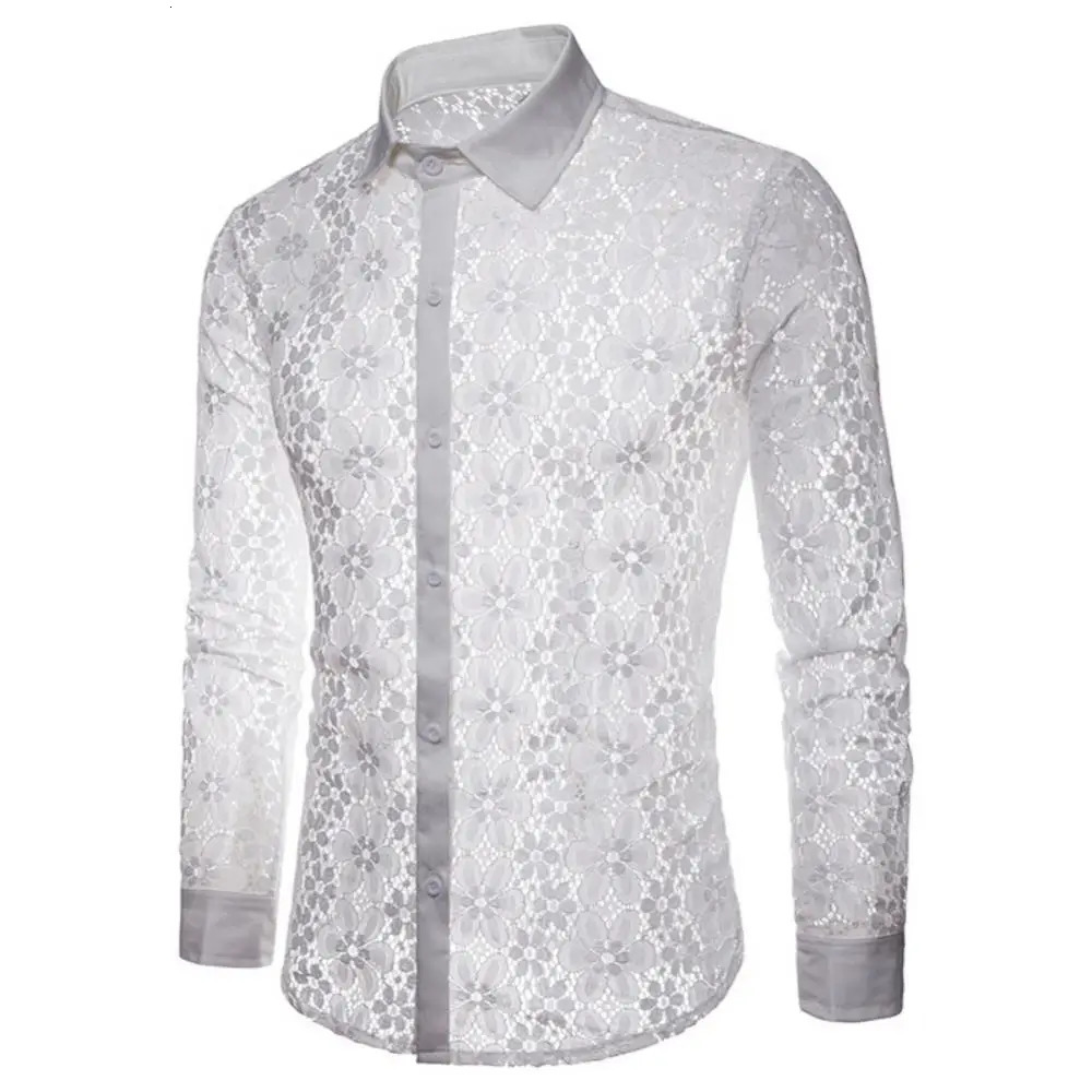 Turn Down Collar Cotton Men Shirts Long Sleeve Buttons Shirt Men Solid Color Sexy Lace See Through Clubwear Down Shirt 250408