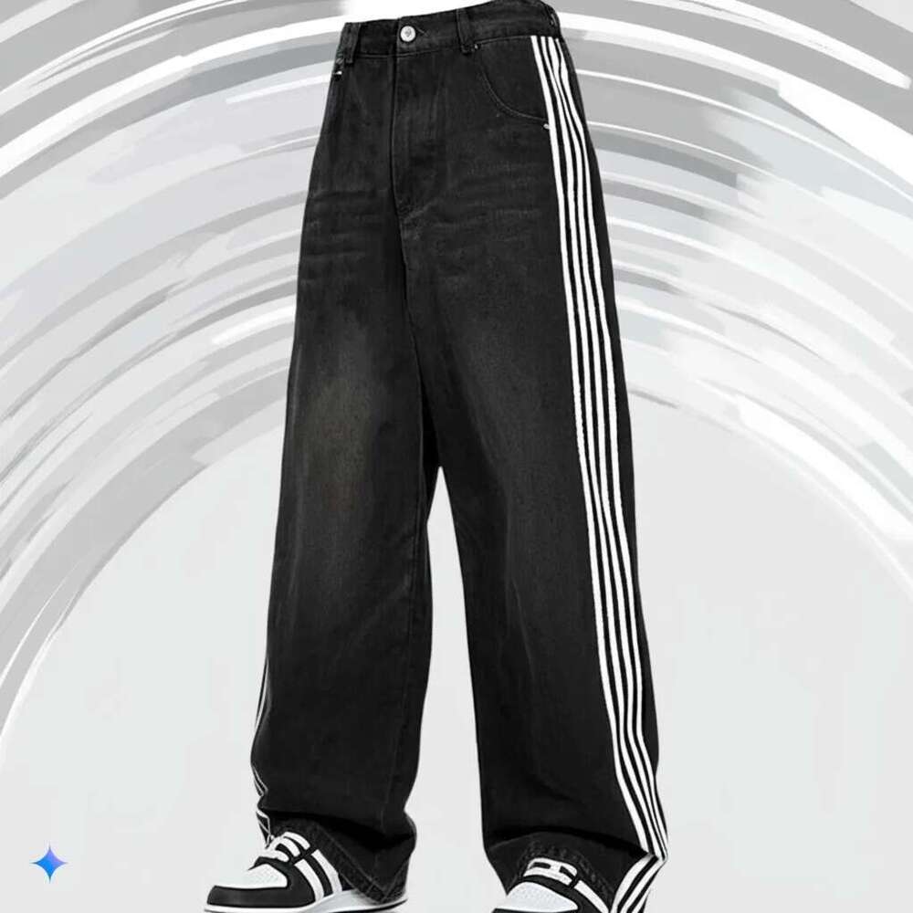 Men's Vintage Striped Embroidered High-Waisted Men's Women's Casual Pants Haruku Street Loose Wide-Leg Jeans