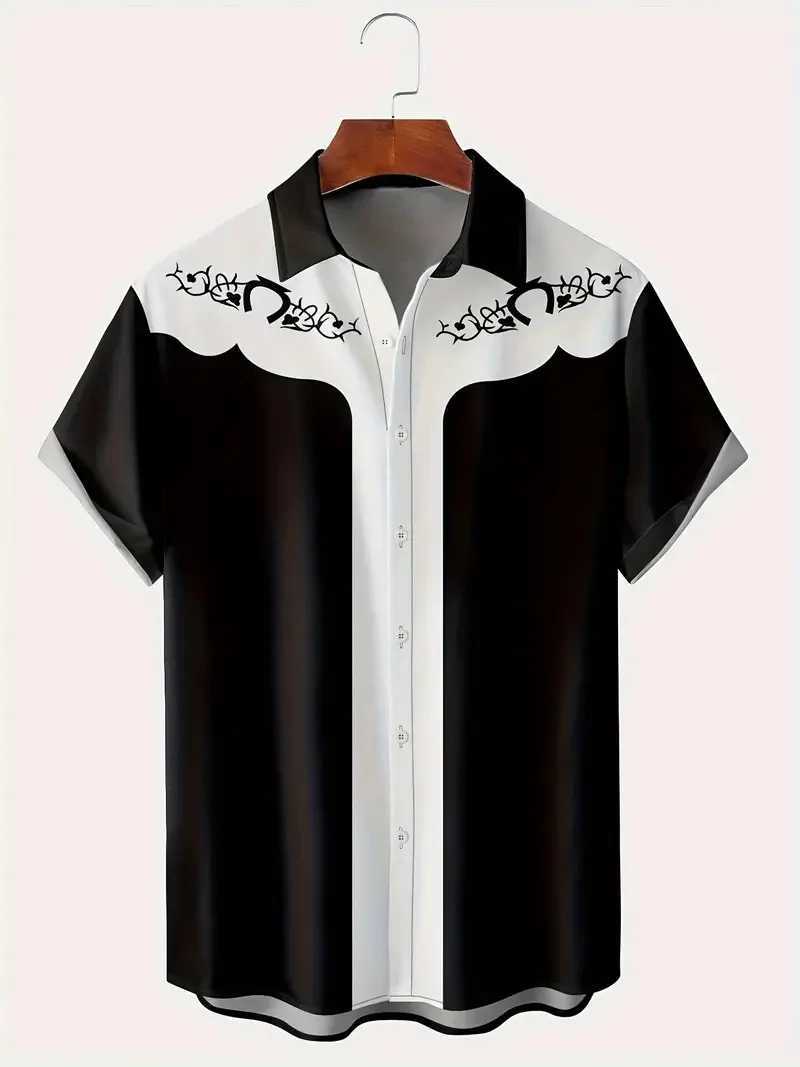 2024 Summer New Short sleeved Black and White Printed Shirt Hawaii Vacation Fashion Shirt X250410
