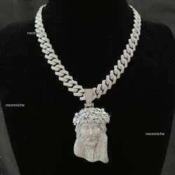 necklace moissanite chain Jesus Pendant with 13mm Moissanite Cuban Chain Necklace Hip Hop Jewelry for Men Gift