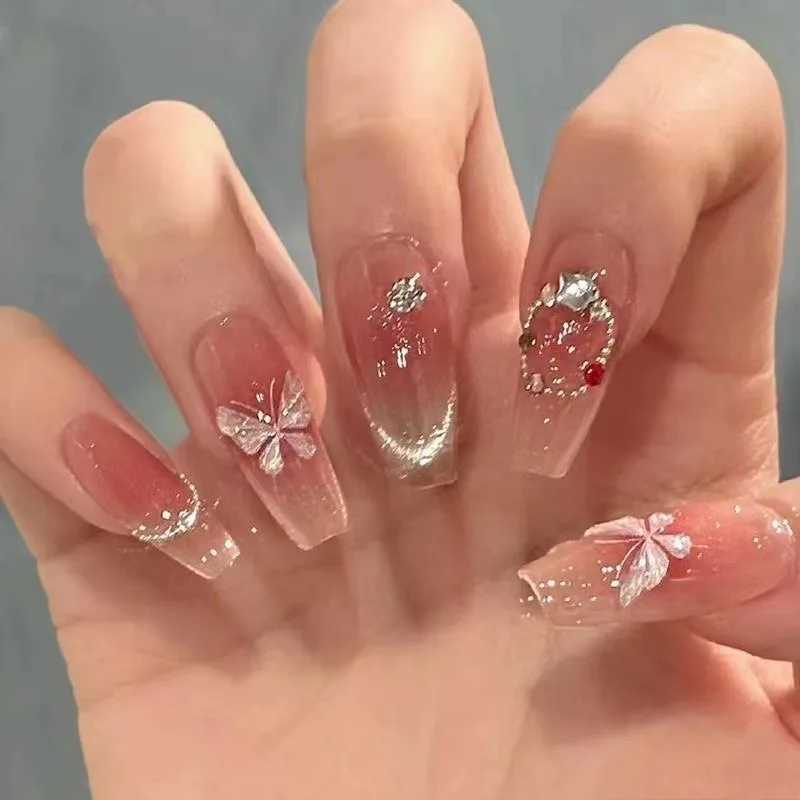 New lovely princess detachable hand knitting nail girl short false nail powder blusher bow patch false nail sticker Ins W250410