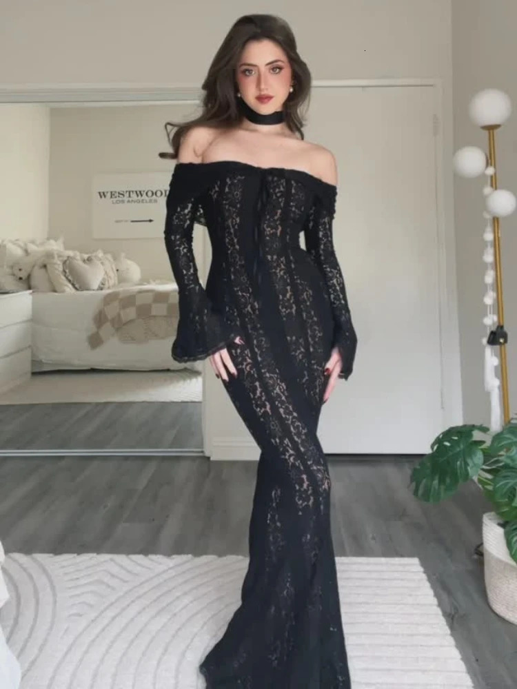 Elegant cut lapel long sleeved long skirt womens lace top hollow shoulder tight corset womens coat 250409