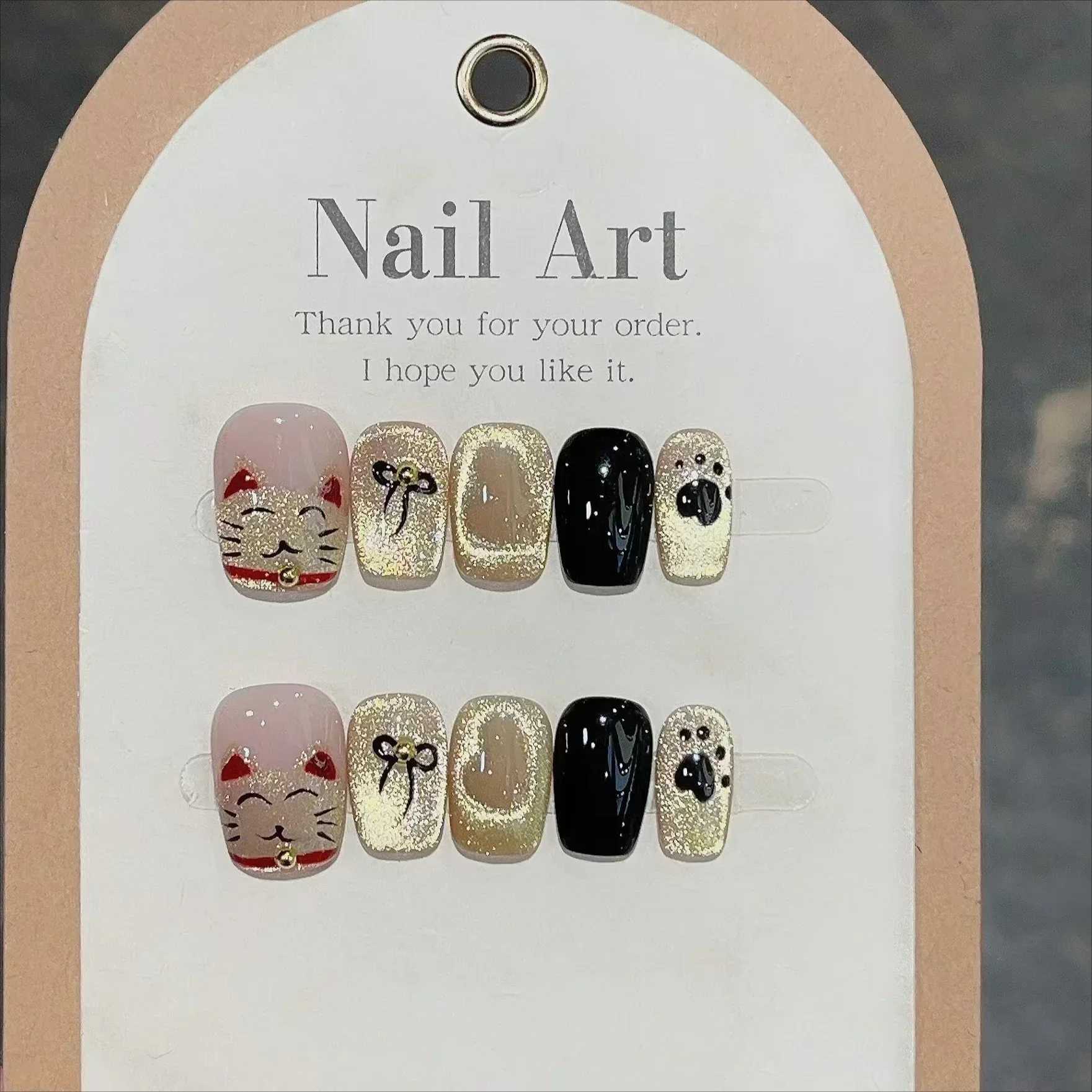 0Pcs Red Cat Eye Handmade Press Fingernail Flower Fake Nail Wearable Stick Nail Full Cover Fake Nail Unas Postizas W250410
