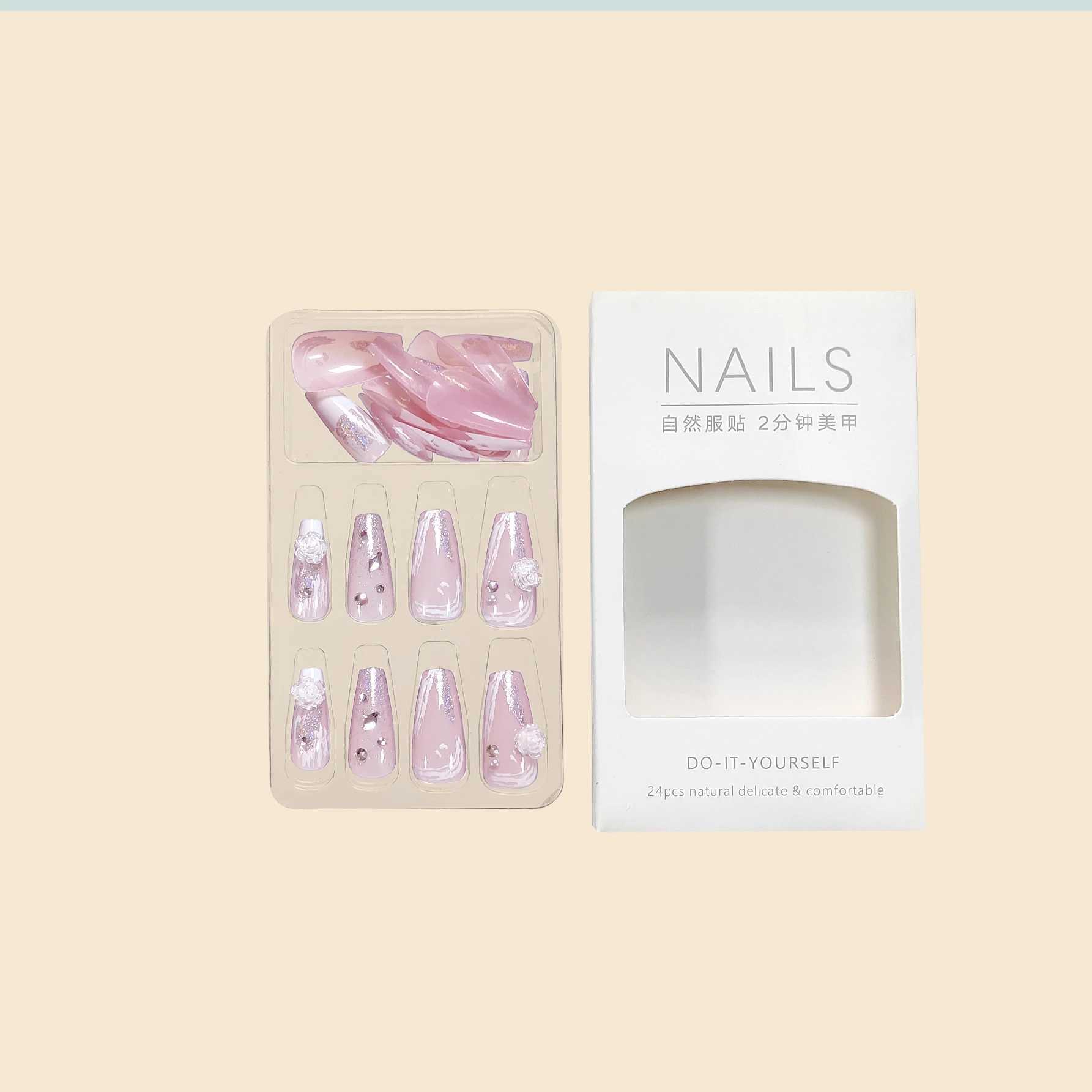 New womens 24Pc/set ballet French white camellia stone decoration fully covered wearable fake nail press W250410
