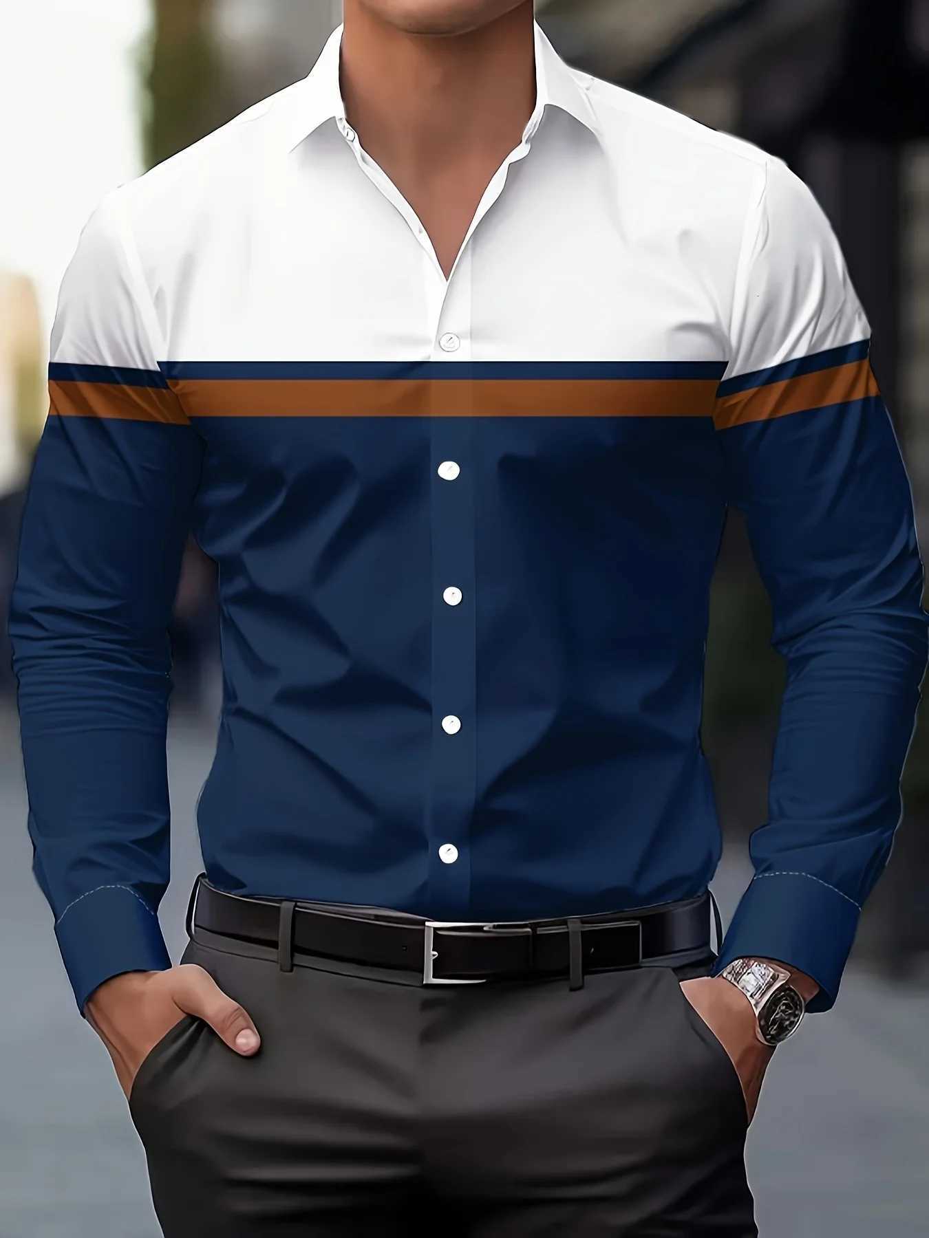 Mens Color Blocked Lapel Collar Design Dress Shirts Long Sleeve Casual Button Up Shirt For Formal Occasions simple design K251110