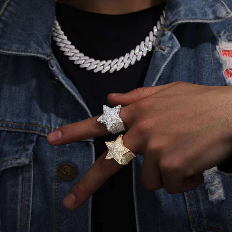 S925 Sterling Silver Moissanite Ring Five-Pointed Star Full Mosan Hip-Hop Fashion Jewelry for Europe United States Cross-Border