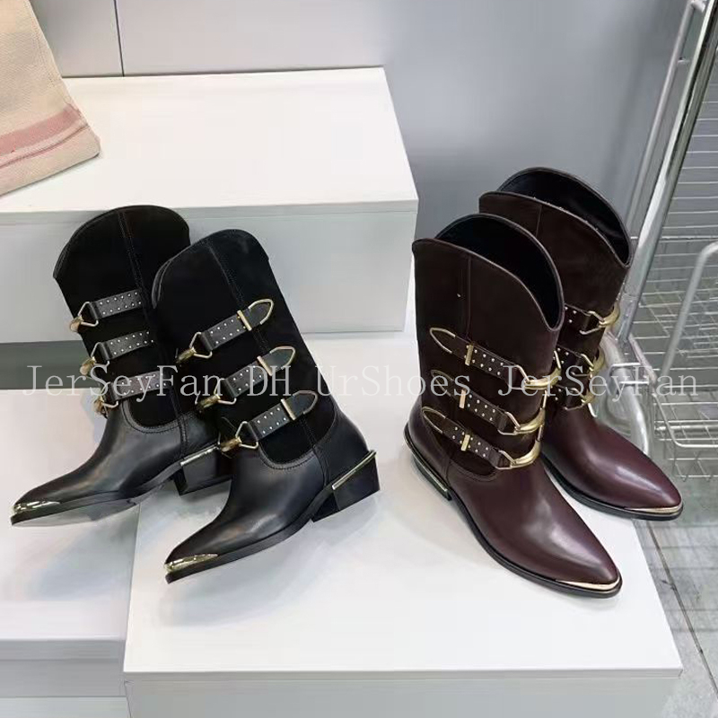 Women Retro Modern Knight Ankle Boots Genuine Leather Top Quality Boots With Metal Belt Buckles 33268
